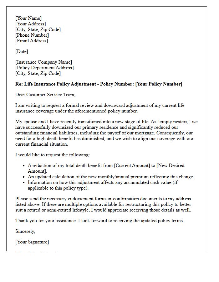 Life Insurance Coverage Adjustment Letter for Downsizing Empty Nesters