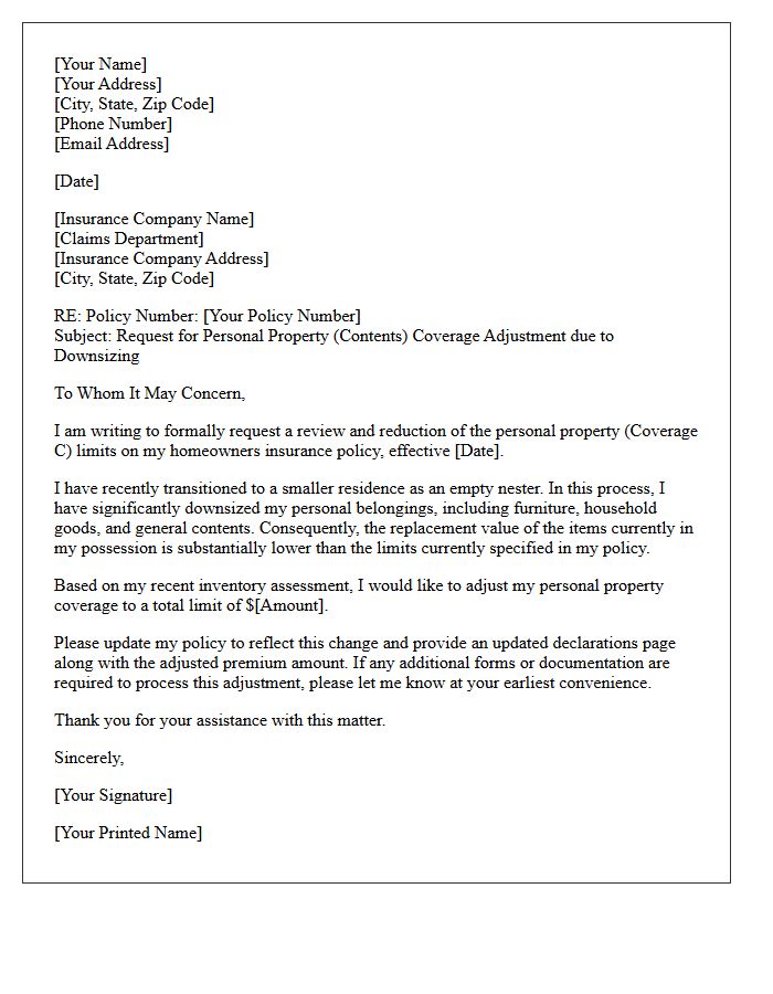 Downsizing Empty Nester Personal Property Adjustment Letter