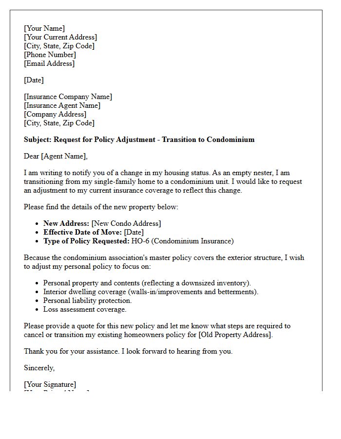 Condominium Transition Insurance Adjustment Letter for Empty Nesters