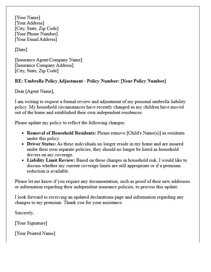 Empty Nester Umbrella Policy Adjustment Letter