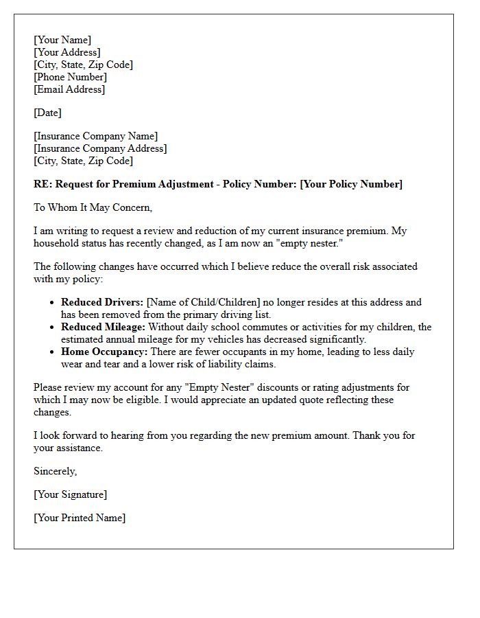 Empty Nester Premium Reduction Insurance Adjustment Letter