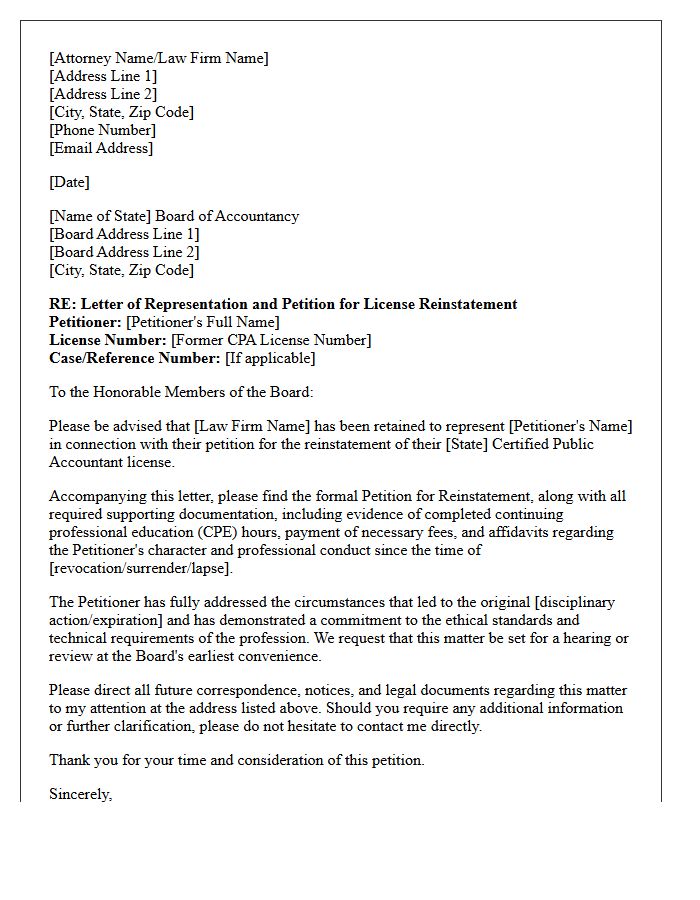 Letter of Representation for Accountancy Board License Reinstatement Petition