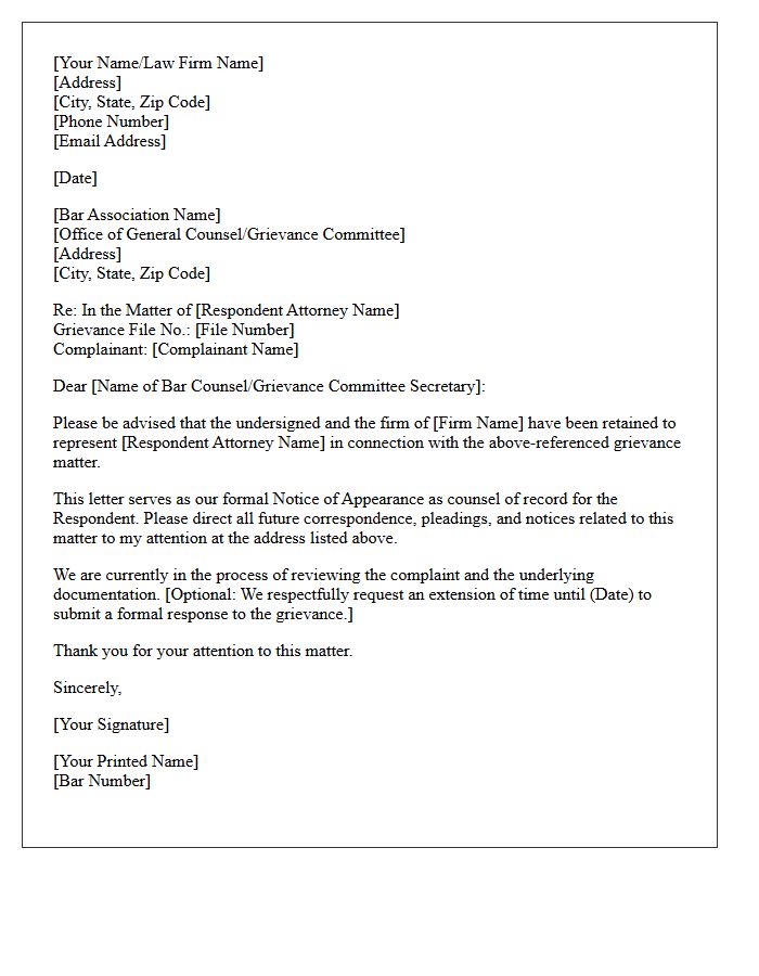 Letter of Representation and Notice of Appearance for Bar Association Grievance