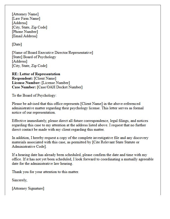 Letter of Representation for Psychology Board Administrative Law Hearing