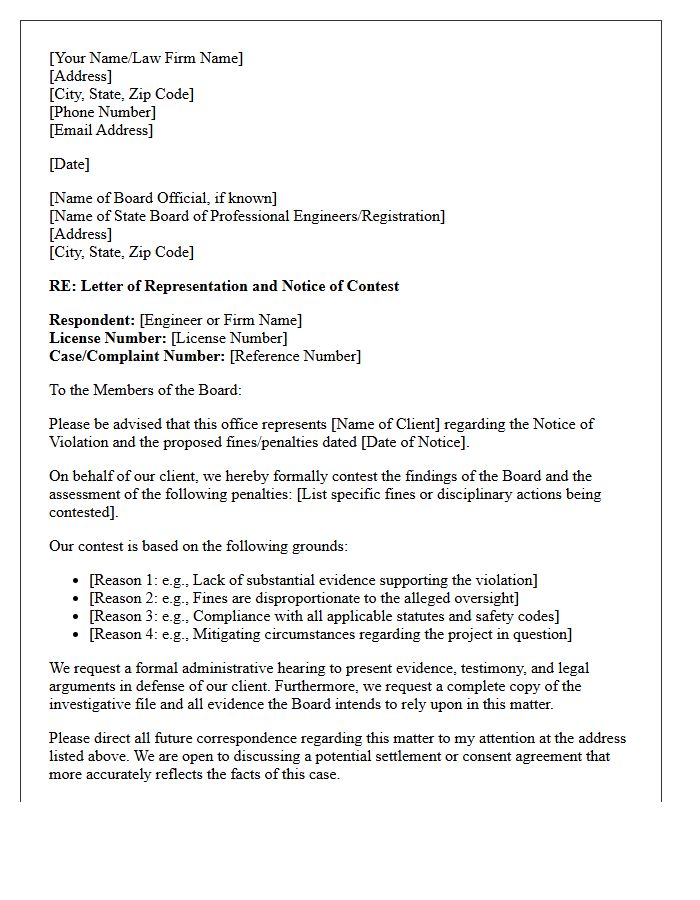 Letter of Representation Contesting Engineering Board Fines and Penalties