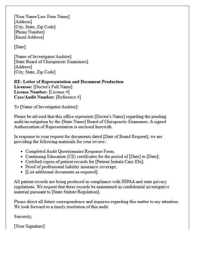 Letter of Representation and Document Production for Chiropractic Board Audit