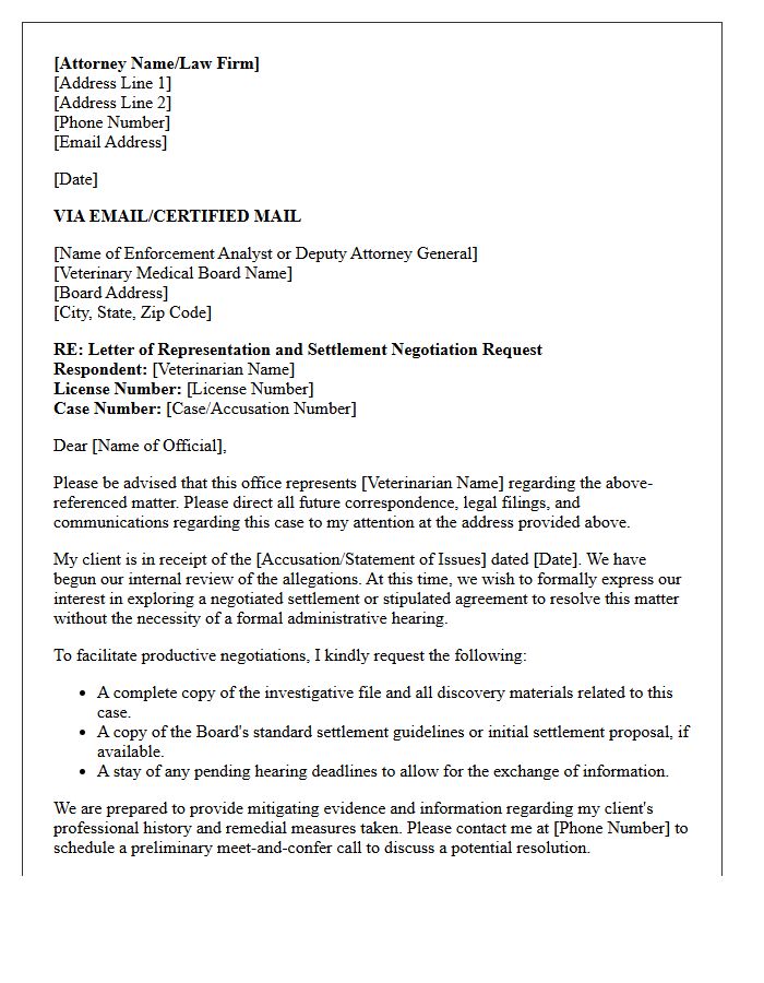 Letter of Representation for Veterinary Medical Board Settlement Negotiation