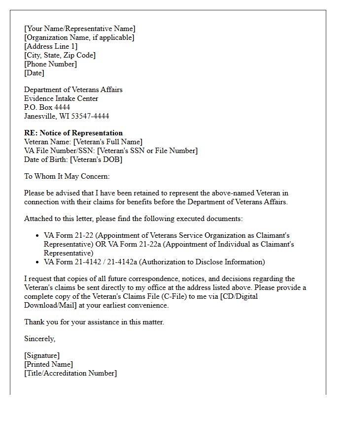 Initial Representation Letter to the Department of Veterans Affairs