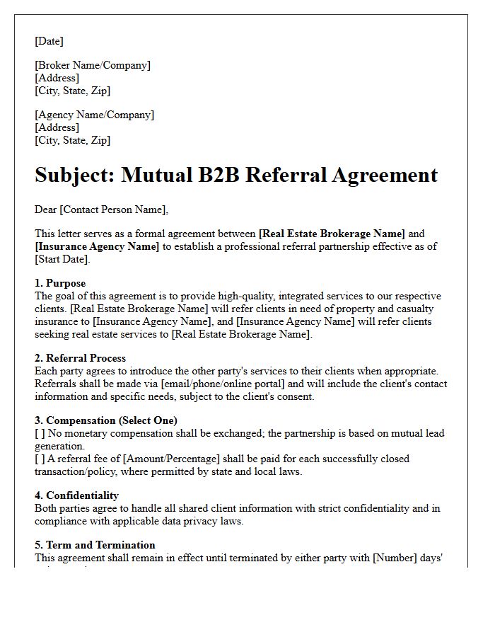 Real Estate Broker And Insurance Agency Mutual B2B Referral Agreement Letter