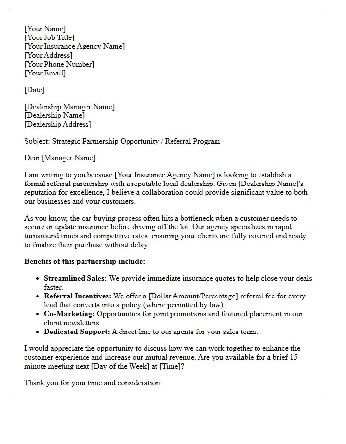 Auto Dealership And Auto Insurance Agency B2B Referral Partnership Letter