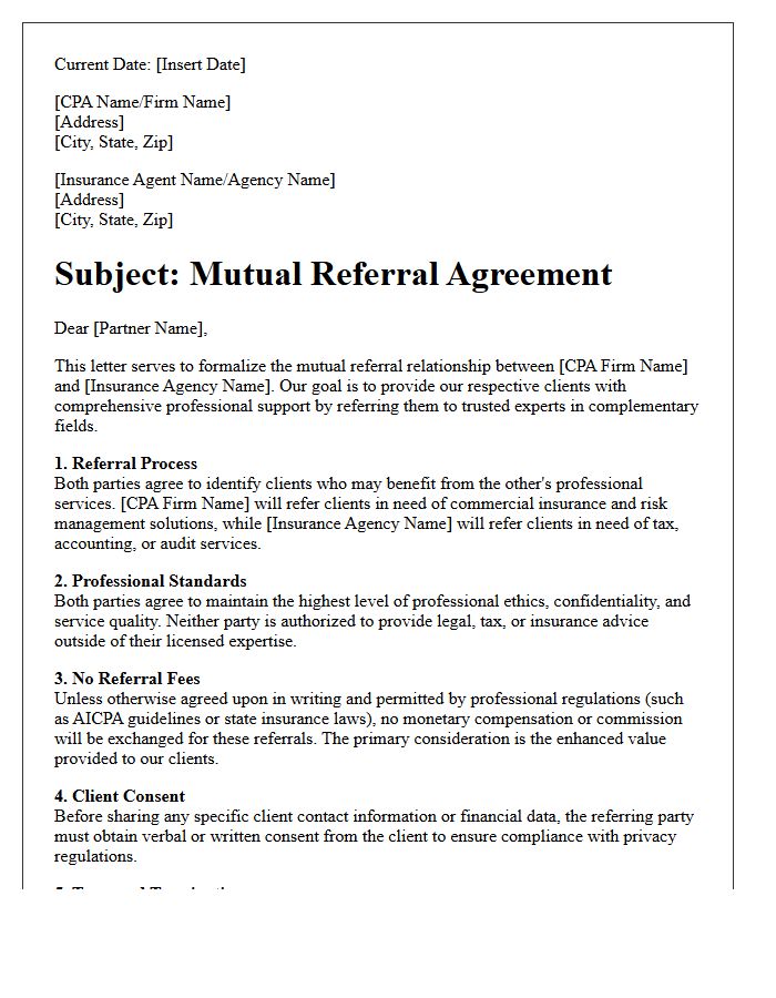 Certified Public Accountant And Commercial Insurance Provider Mutual Referral Agreement Letter