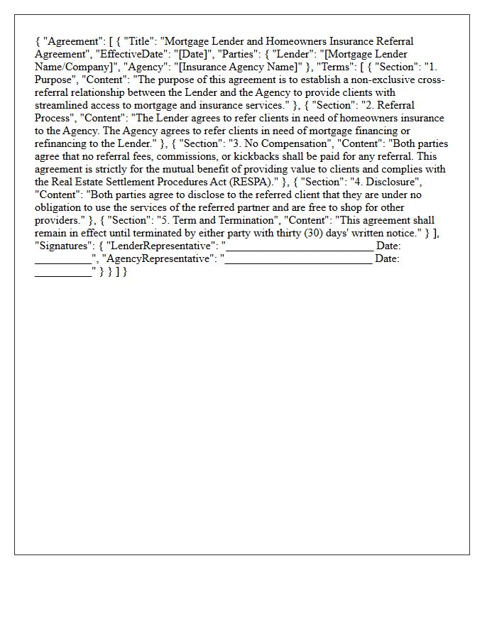 Mortgage Lender And Homeowners Insurance Agency Cross Referral Agreement Letter