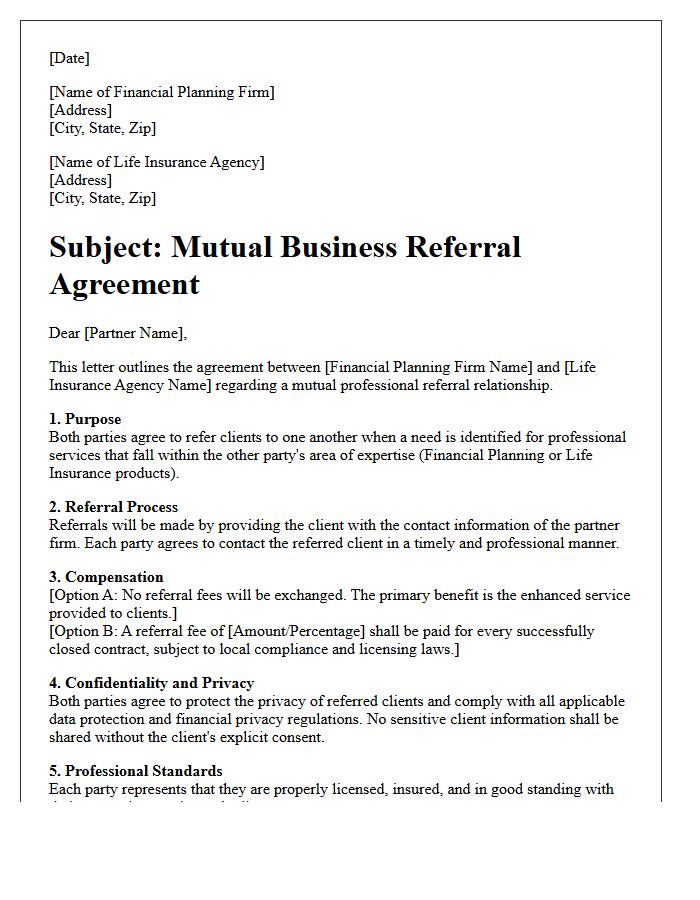 Financial Planner And Life Insurance Agency Mutual B2B Referral Agreement Letter