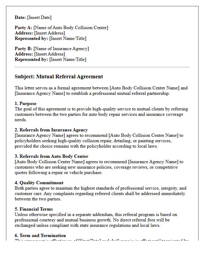 Auto Body Collision Center And Insurance Agency Mutual Referral Agreement Letter