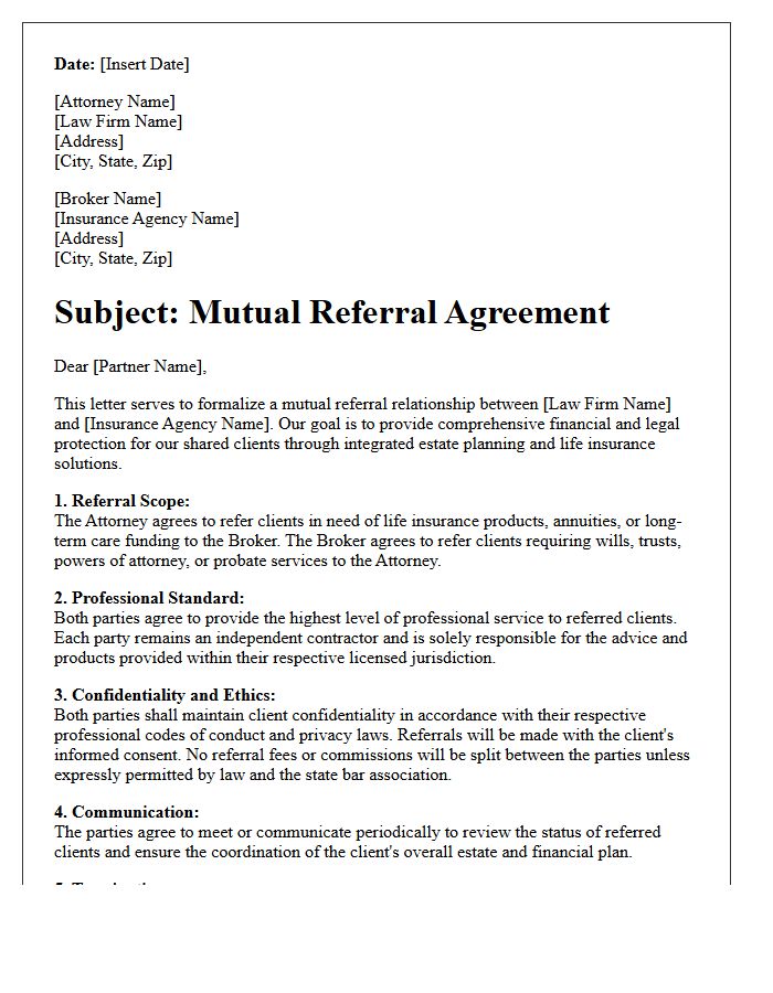 Estate Planning Attorney And Life Insurance Broker Mutual Referral Agreement Letter