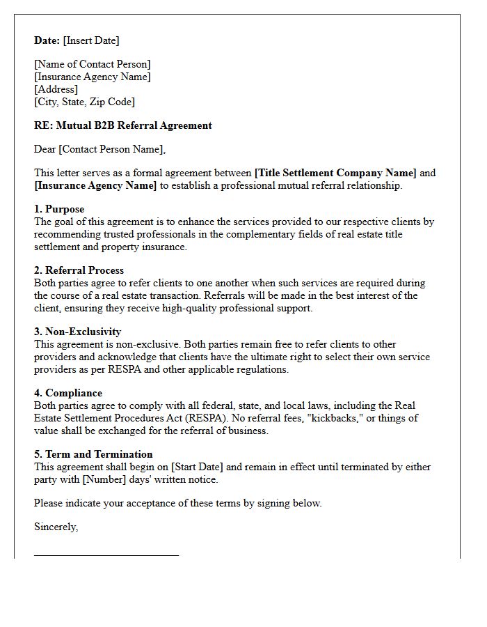 Title Settlement Company And Insurance Agency Mutual B2B Referral Agreement Letter