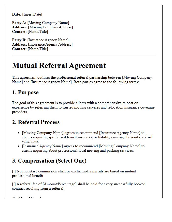 Local Moving Company And Relocation Insurance Agency Mutual Referral Agreement Letter