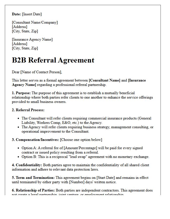 Small Business Consultant And Commercial Insurance Agency B2B Referral Agreement Letter