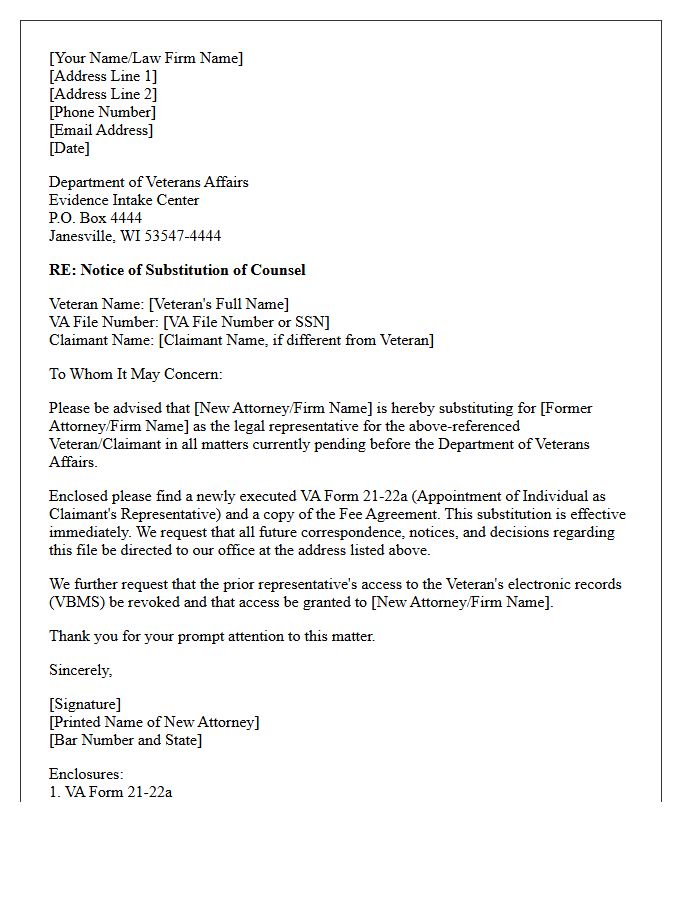 Substitution of Counsel Representation Letter to the Department of Veterans Affairs