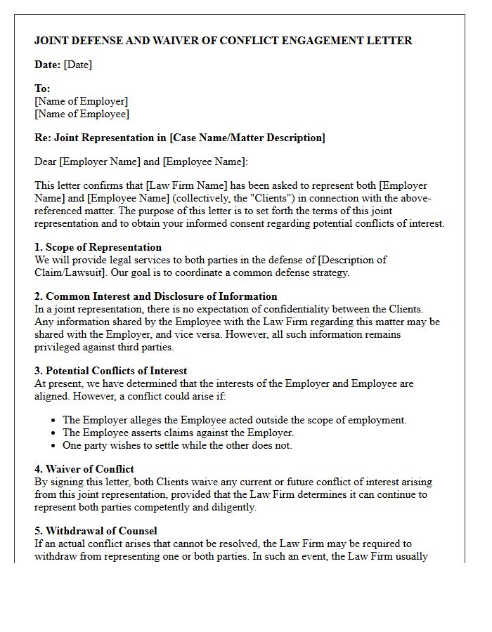 Employer and Employee Joint Defense Waiver Engagement Letter