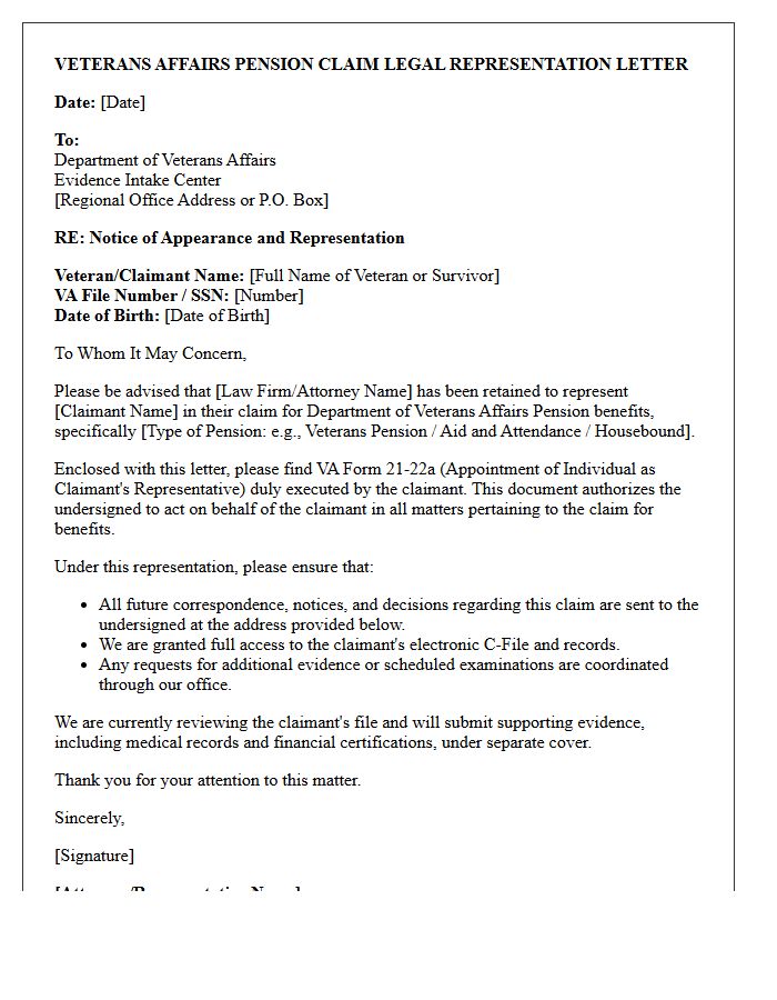 Veterans Affairs Pension Claim Legal Representation Letter