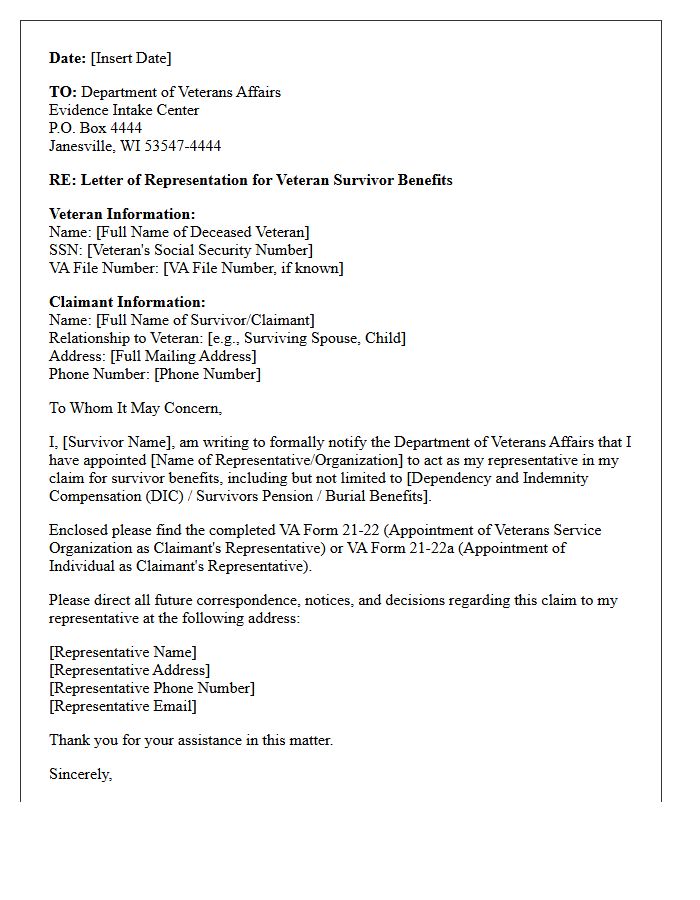 Letter of Representation for Veteran Survivor Benefits