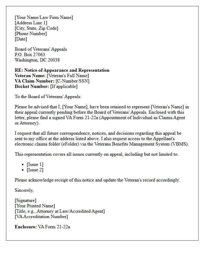 Board of Veterans Appeals Legal Representation Letter