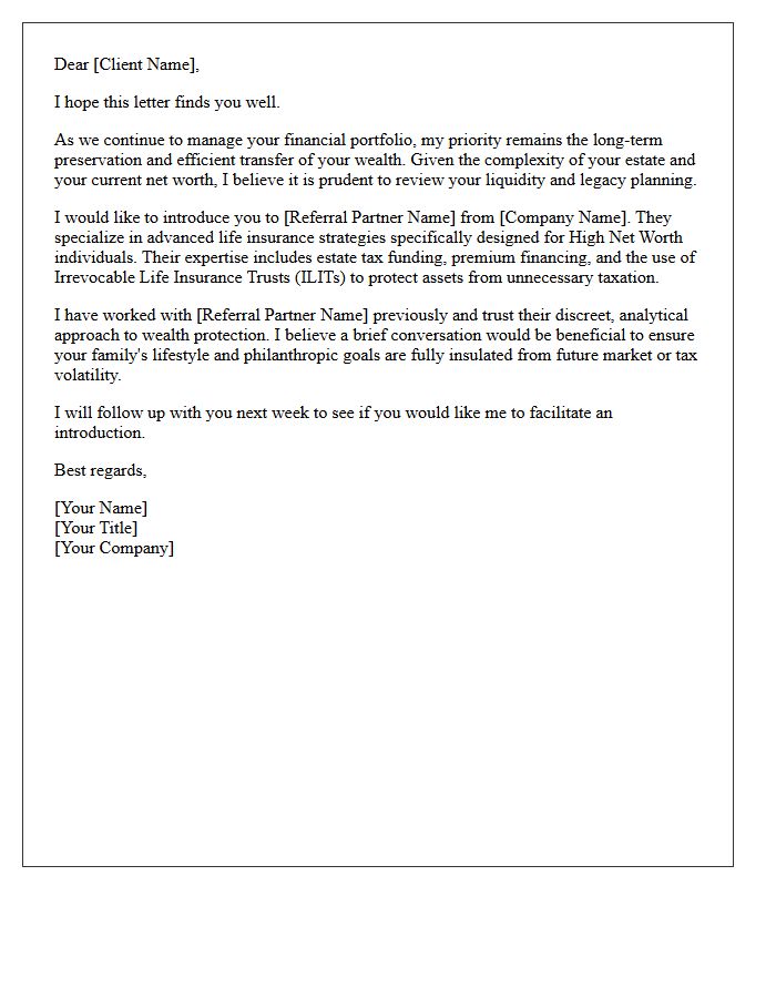 High Net Worth Individual Life Insurance Referral Letter