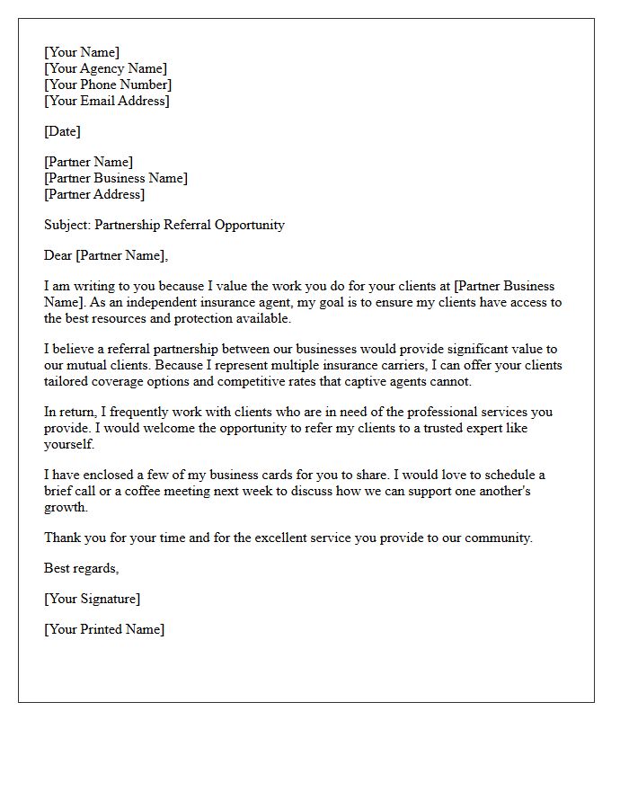 Independent Insurance Agency Partnership Referral Letter