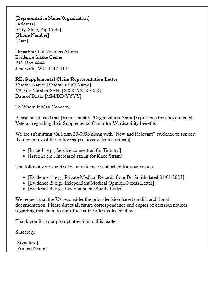 Veterans Affairs Supplemental Claim Representation Letter