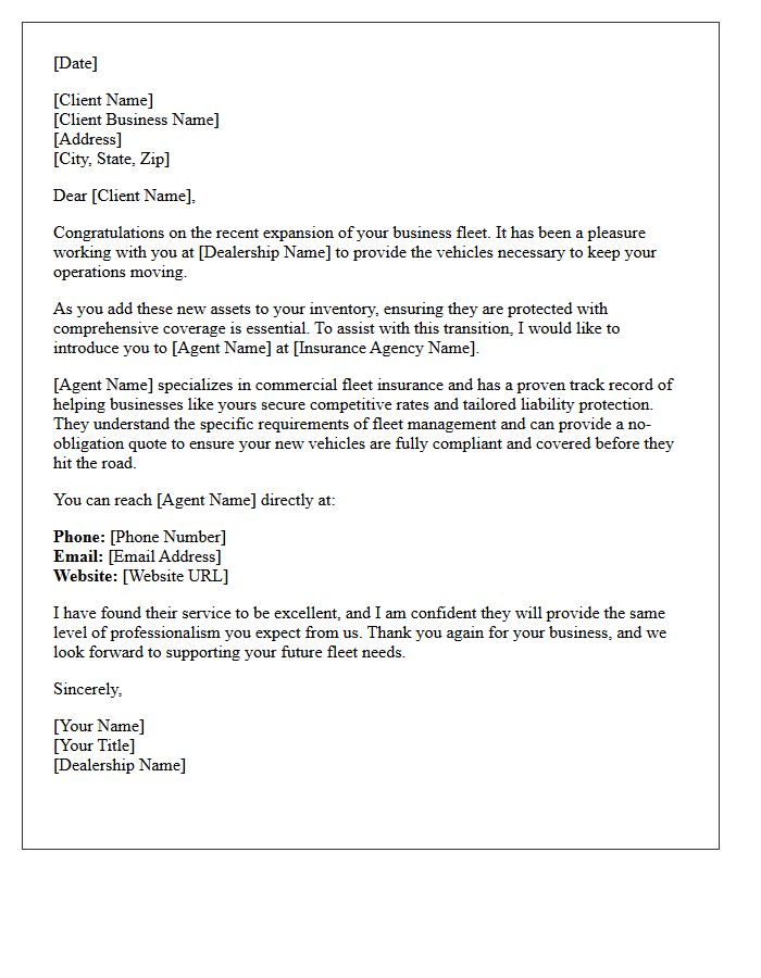 Business Auto Insurance Referral Letter for Fleet Dealers