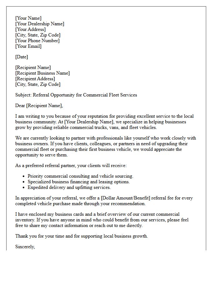 Commercial Vehicle Dealer Business Auto Referral Letter