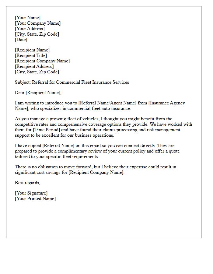 Commercial Fleet Purchaser Auto Insurance Referral Letter
