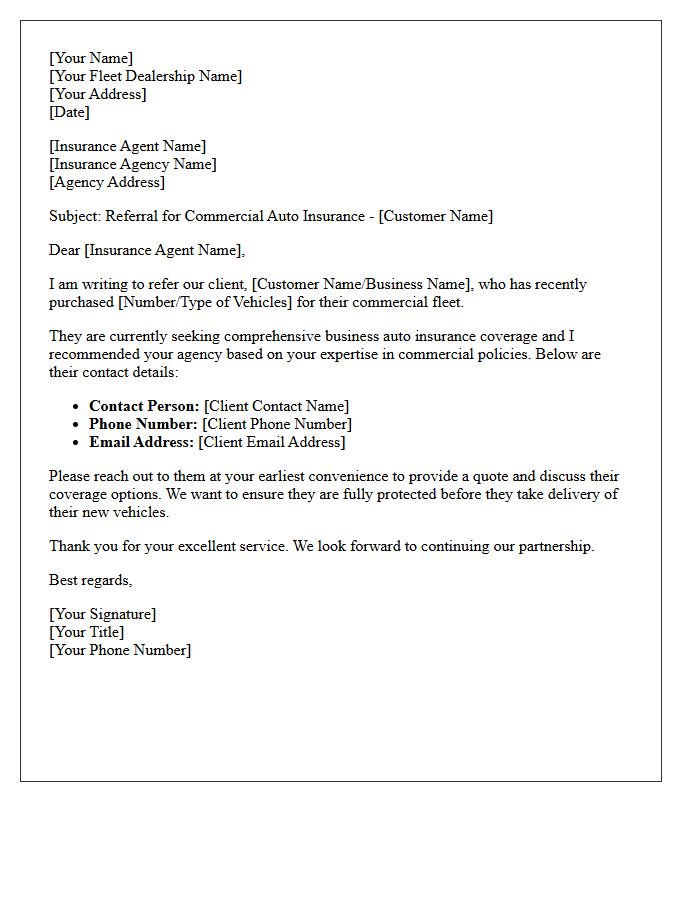Fleet Dealer to Insurance Agency Business Auto Referral Letter