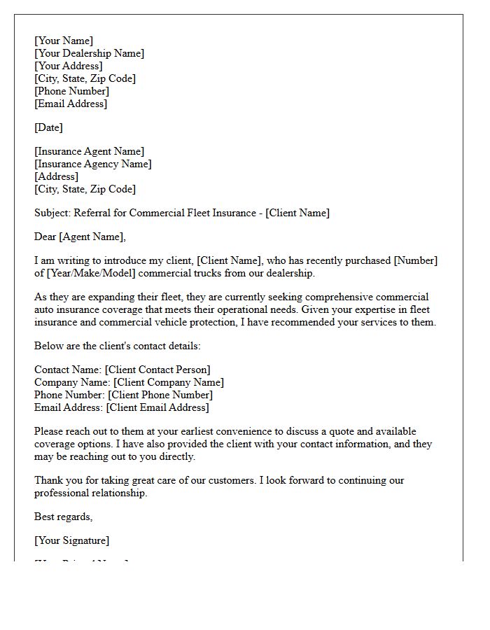 Commercial Truck and Fleet Dealer Auto Insurance Referral Letter