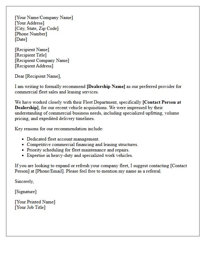 Preferred Commercial Fleet Dealership Auto Referral Letter