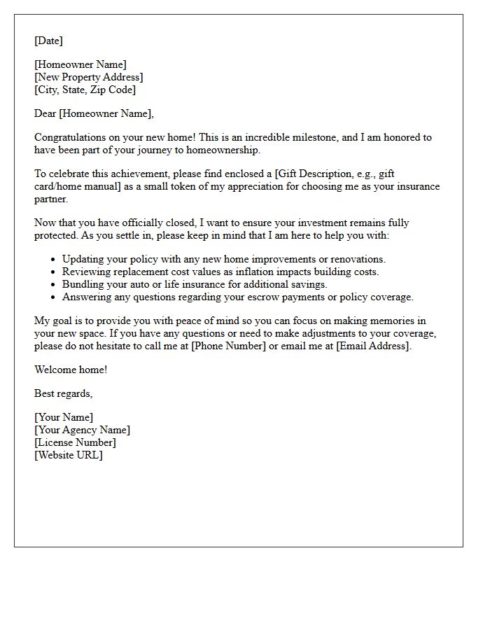 New Homeowner Closing Gift Insurance Protection Letter