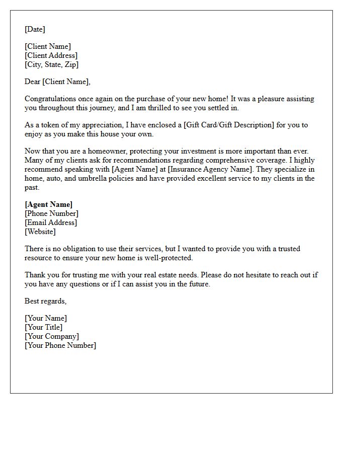 Home Buyer Closing Gift Insurance Coverage Referral Letter