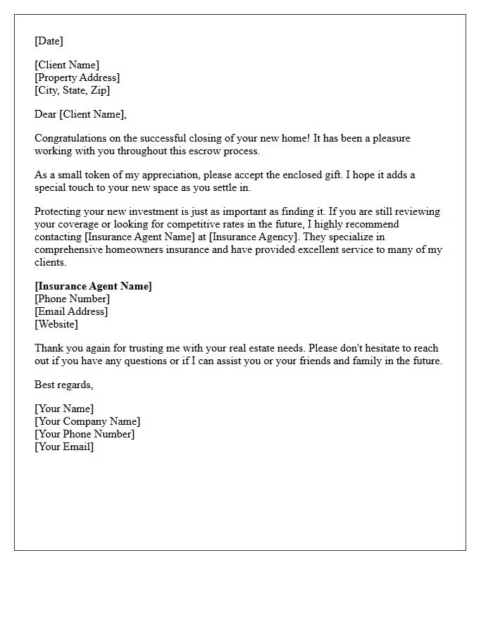Escrow Closing Gift Homeowners Insurance Referral Letter