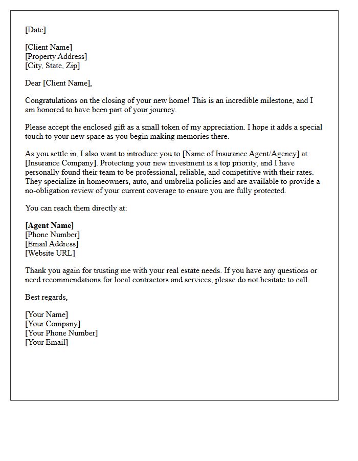 Closing Day Gift and Insurance Agency Introduction Letter