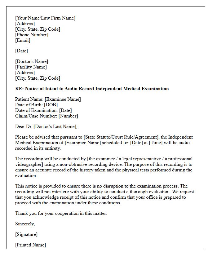 Letter Providing Notice of Audio Recording During Independent Medical Examination