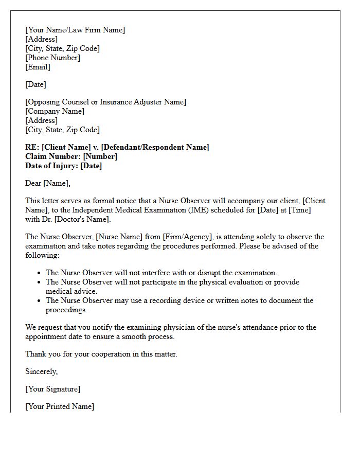 Letter Advising Presence of Nurse Observer at Independent Medical Examination