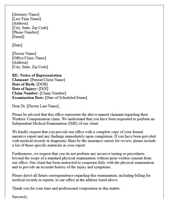 Workers Compensation Letter of Representation to Independent Medical Examiner