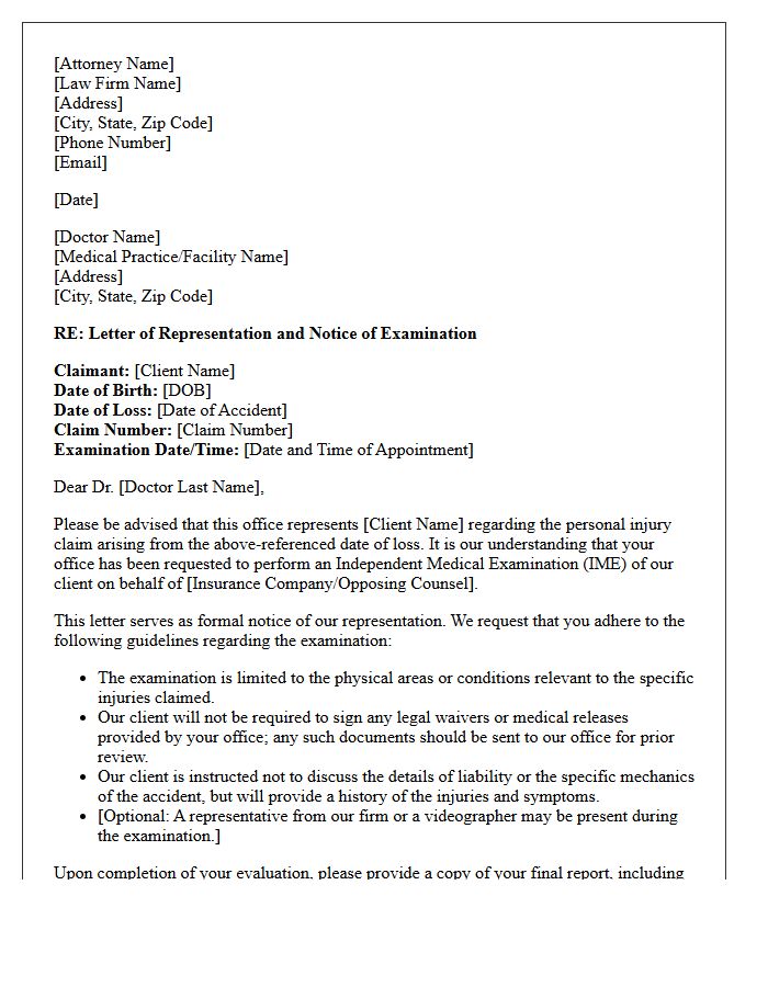 Personal Injury Letter of Representation to Independent Medical Examiner