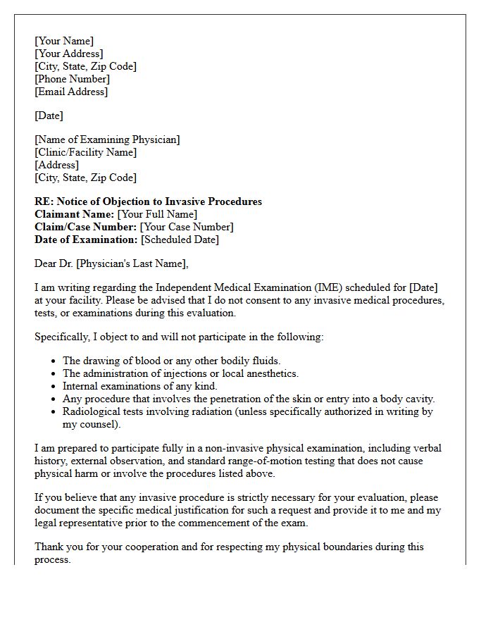 Letter Objecting to Invasive Procedures During Independent Medical Examination