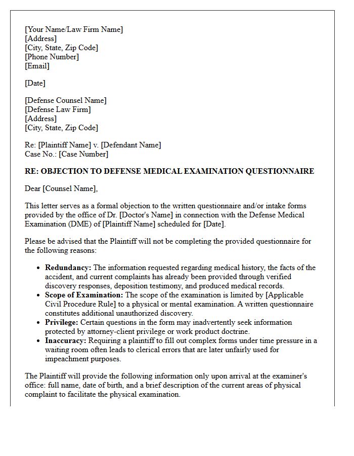 Letter Objecting to Defense Medical Examiner Questionnaire
