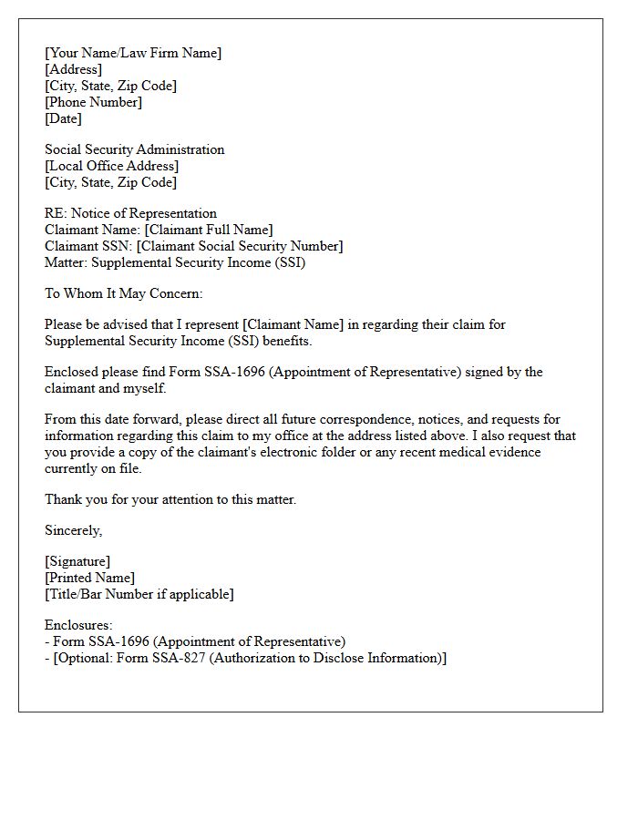 Letter of Representation to the Social Security Administration for Supplemental Security Income