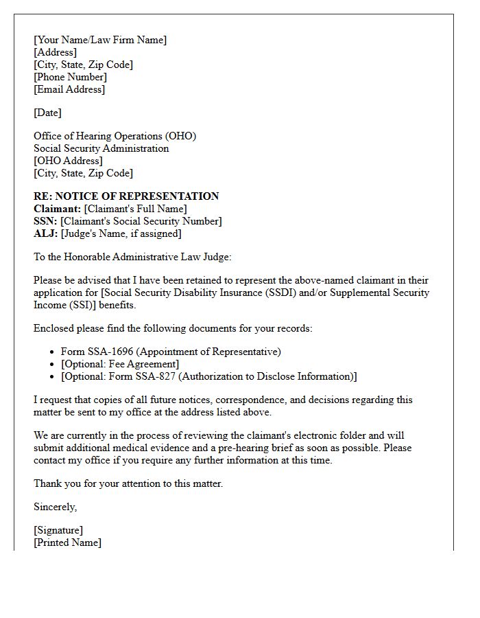 Letter of Representation to the Social Security Administration Administrative Law Judge
