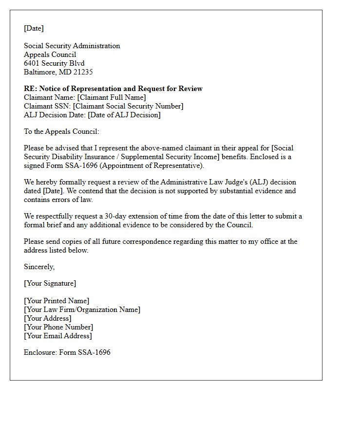 Letter of Representation to the Social Security Administration Appeals Council