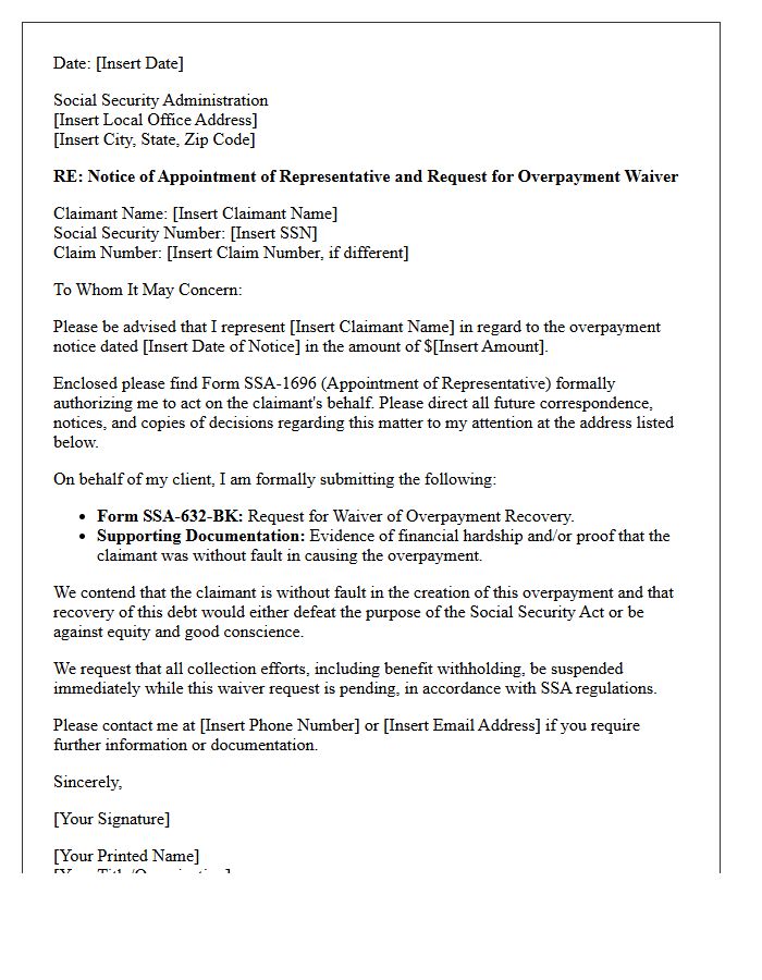 Letter of Representation to the Social Security Administration for Overpayment Waivers